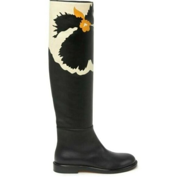NWOT Valentino Garavani Flower Knee High Boot  Black Leather Sz 38.5/ 8.5 No Box - Picture 3 of 16
